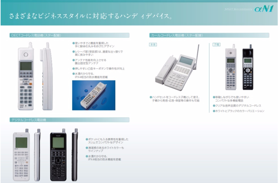 NTTビジネスフォンαN１のコードレスタイプは３つ。DECTコードレス電話機、デジタルコードレス電話機、カールコードレス電話機。
